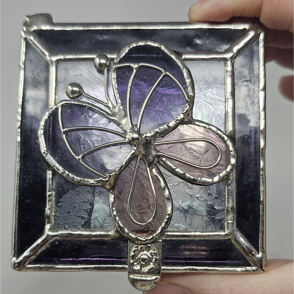 Butterfly Stained Glass Trinket Box Mirror Base Chain Hinged Lid Multicolor 3x3" - Picture 3 of 12